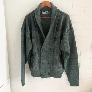 Vintage Men’s Knit Cardigan Shawl Double breast Wool Green Grandpa Oversized M